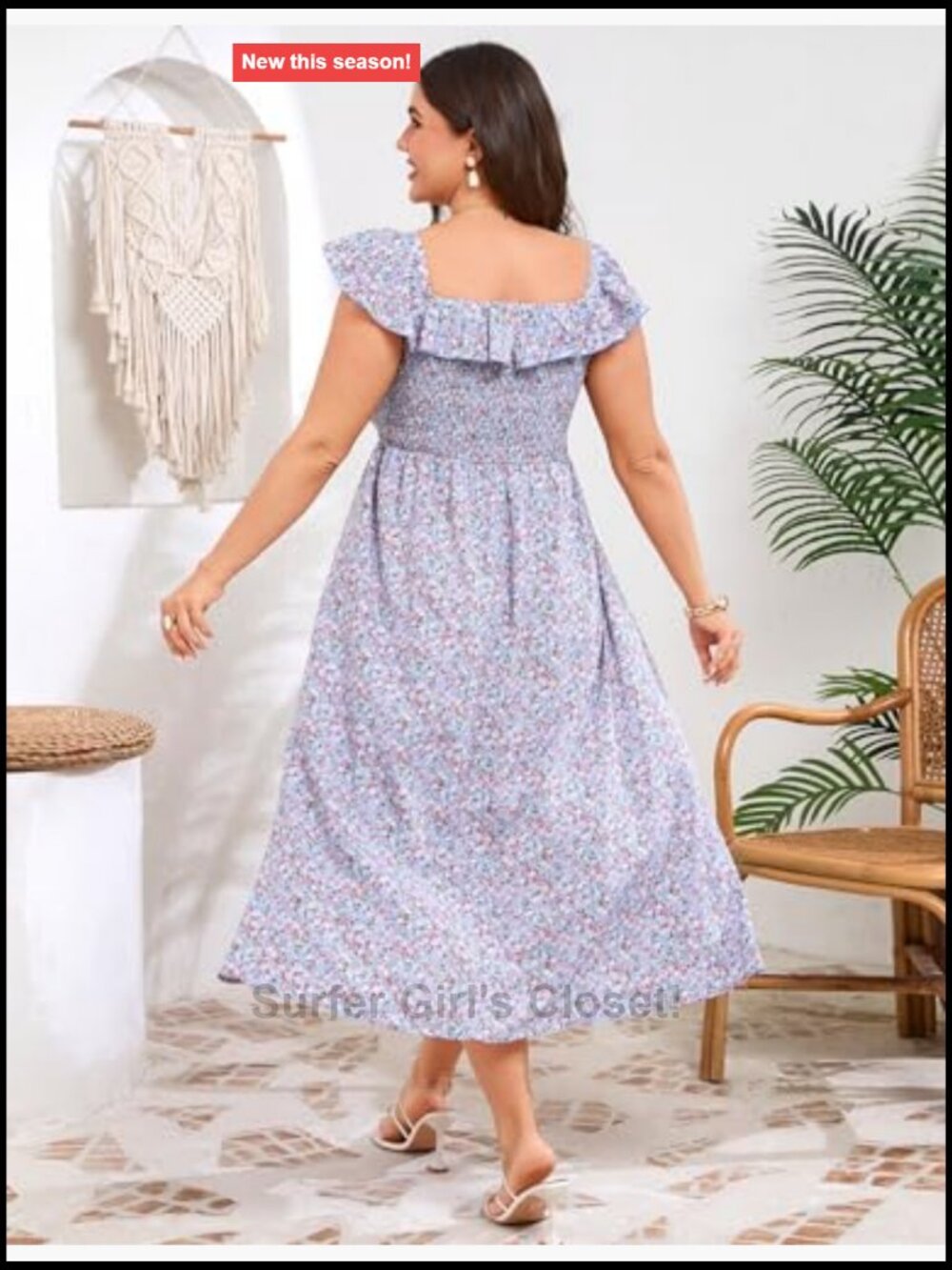 Plus Size Floral Midi Dress Square Neck Smocked Ruffle Sleeve Summer Casual - Picture 6 of 6